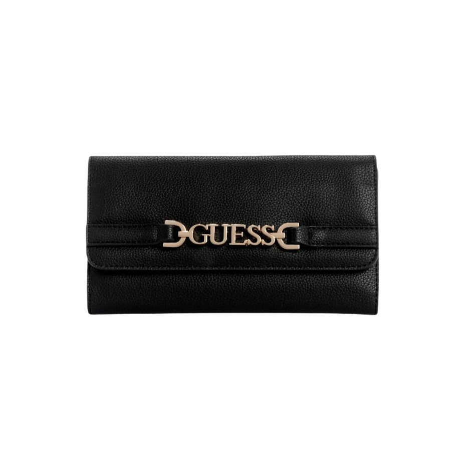 Cartera Guess Café, con cinturones y letras doradas